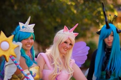 Size: 2048x1362 | Tagged: artist needed, source needed, safe, artist:eli-cosplay, artist:thestormypetrelofcosplay, princess cadance, princess celestia, queen chrysalis, human, cosplay, irl, irl human, kumoricon, photo