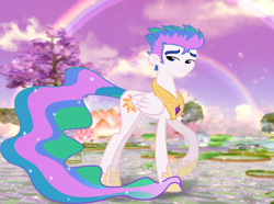 Size: 6001x4474 | Tagged: safe, flash sentry, princess celestia, alicorn, pony, absurd resolution, bradestia, exploitable meme, face swap, flashface, flashlestia, forced meme, meme, solo, tekken, wat, what has science done, where is your god now?