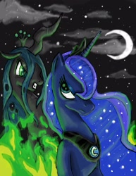 Size: 2550x3300 | Tagged: safe, artist:prothean290, princess luna, queen chrysalis, alicorn, changeling, changeling queen, pony, crescent moon, night, transparent moon