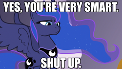 Size: 1280x720 | Tagged: safe, princess luna, alicorn, pony, female, horn, image macro, mare, solo, the princess bride