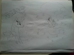 Size: 2592x1944 | Tagged: safe, artist:dixierarity, princess luna, oc, oc:snowdrop, alicorn, pegasus, pony, monochrome, traditional art