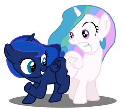 Size: 988x880 | Tagged: safe, artist:jcking101, edit, princess celestia, princess luna, alicorn, pony, butt bump, butt to butt, butt touch, cewestia, filly, woona