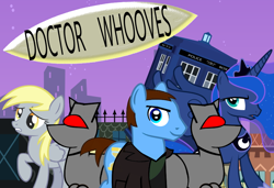 Size: 840x575 | Tagged: safe, derpy hooves, doctor whooves, princess luna, alicorn, pegasus, pony, christopher eccleston, cover art, fanfic, female, mare, ninth doctor, robots, tardis