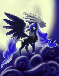 Size: 600x777 | Tagged: safe, artist:aperraglio, princess luna, alicorn, pony, backlighting, cloud, cloudy, moon, solo