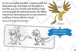 Size: 1574x1070 | Tagged: safe, artist:lauren faust, derpibooru import, gilda, griffon, elements of harmony, flying, frown, glare, guidebook, looking at you, spread wings, text, what could have been