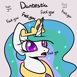 Size: 500x500 | Tagged: safe, artist:slavedemorto, princess celestia, alicorn, pony, dante (devil may cry), devil may cry, dmc, fuck you, pun, solo, vulgar