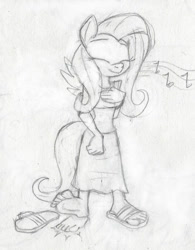 Size: 878x1125 | Tagged: safe, artist:dertikleen, fluttershy, anthro, barefoot, feet, fetish, foot fetish, foot tapping, humming, monochrome, music notes, one shoe off, sandals, solo, tapping, traditional art