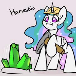 Size: 500x500 | Tagged: safe, artist:slavedemorto, princess celestia, alicorn, pony, :i, hard hat, hat, hoof hold, pickaxe, pun, raised hoof, solo, standing, tiberium