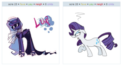 Size: 587x314 | Tagged: safe, princess luna, rarity, alicorn, pony, unicorn, exploitable meme, juxtaposition, juxtaposition win