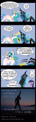 Size: 600x2032 | Tagged: safe, artist:niban-destikim, princess celestia, queen chrysalis, twilight sparkle, unicorn twilight, alicorn, changeling, changeling queen, pony, unicorn, a kind of magic, blushing, come at me bro, comic, feather, female, freddie mercury, highlander, lip bite, mare, microphone, music notes, princes of the universe, queen (band), singing, song reference, sweat, wat