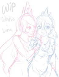 Size: 741x958 | Tagged: safe, artist:clovercoin, princess celestia, princess luna, human, blushing, dichromatic, humanized, sisters, wip