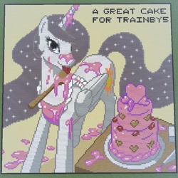 Size: 800x800 | Tagged: safe, artist:johnjoseco, artist:kaborto, princess celestia, alicorn, pony, bedroom eyes, cake, food, messy, minecraft, minecraft pixel art, pixel art, princess molestia, solo