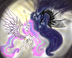 Size: 2097x1688 | Tagged: safe, artist:charmingstranger, nightmare moon, princess celestia, alicorn, pony, crown, crying, female, horn, jewelry, mare, regalia, siblings, sisters