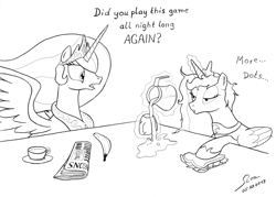 Size: 3160x2260 | Tagged: safe, artist:abyssalemissary, princess celestia, princess luna, alicorn, pony, banana, bed mane, coffee, gamer luna, lineart, messy mane, monochrome, morning ponies, newspaper, sandwich, table, tired