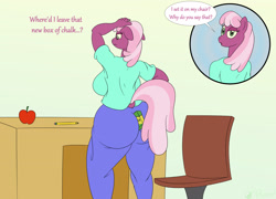 Size: 2496x1798 | Tagged: safe, artist:gunpowdergreentea, cheerilee, anthro, apple, ass, box, breasts, buttcheeks, chair, chestilee, clothes, desk, dialogue, female, flowerbutt, fruit, pants, pencil, rearboob, solo, speech bubble, the ass was fat