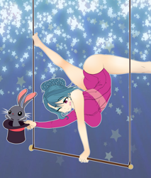 Size: 2300x2700 | Tagged: safe, artist:magico-enma, trapeze star, human, rabbit, viva las pegasus, ass, backbend, balancing, bernard rabbit, big breasts, breasts, bunny out of the hat, busty trapeze star, cleavage, clothes, female, flexible, hat, humanized, leotard, magic trick, one eye closed, scene interpretation, the ass was fat, top hat, wink