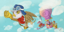 Size: 1024x512 | Tagged: dead source, safe, artist:lolepopenon, derpibooru import, fluttershy, gilda, pinkie pie, twilight sparkle, earth pony, griffon, pegasus, pony, clothes, crossover, dastardly and muttley in their flying machines, dick dastardly, flying, flying contraption, hot air balloon, parody, yankee doodle pigeon