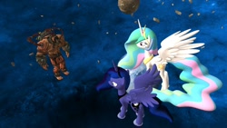 Size: 1366x768 | Tagged: safe, artist:clintr, princess celestia, princess luna, alicorn, pony, 3d, bane, gmod, space