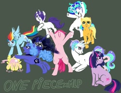 Size: 675x520 | Tagged: safe, artist:donenaya, applejack, dj pon-3, fluttershy, pinkie pie, princess celestia, princess luna, rainbow dash, rarity, twilight sparkle, vinyl scratch, alicorn, earth pony, pegasus, pony, unicorn, crossover, one piece