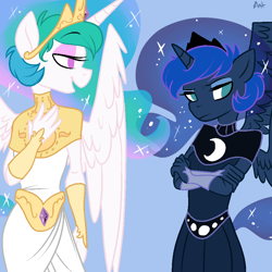 Size: 900x900 | Tagged: dead source, safe, artist:theantsden, princess celestia, princess luna, anthro, clothes