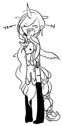 Size: 463x935 | Tagged: safe, artist:costly, princess luna, eared humanization, horned humanization, humanized, monochrome, plushie, skinny, sleepy, tailed humanization, winged humanization, yawn, younger