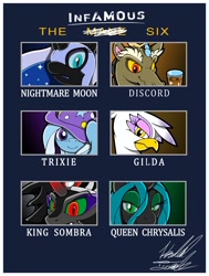 Size: 754x1000 | Tagged: safe, artist:fuzon-s, derpibooru import, discord, gilda, king sombra, nightmare moon, queen chrysalis, trixie, changeling, changeling queen, griffon, pony, unicorn, antagonist, chocolate milk, looking at you, portrait, sonic the hedgehog (series), style emulation, yuji uekawa style