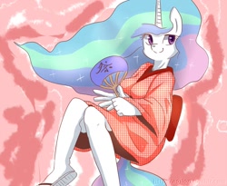 Size: 1280x1051 | Tagged: safe, artist:sion, princess celestia, anthro, plantigrade anthro, clothes, flip-flops, kimono (clothing), sandals, solo