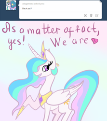 Size: 444x500 | Tagged: dead source, safe, artist:hyhtgifa, princess celestia, alicorn, pony, ask, ask momlestia, momlestia, pointy ponies, solo, tumblr