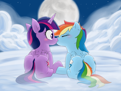 Size: 2000x1500 | Tagged: safe, artist:gamijack, rainbow dash, twilight sparkle, twilight sparkle (alicorn), alicorn, pegasus, pony, blushing, both cutie marks, cloud, eyes closed, female, kissing, lesbian, mare, moon, plot, prone, rainbutt dash, shipping, the ass was fat, twibutt, twidash, wide eyes