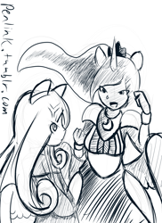 Size: 800x1100 | Tagged: safe, artist:penlink, fluttershy, princess luna, 30 minute art challenge, eared humanization, horned humanization, humanized, monochrome, winged humanization