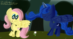 Size: 1050x564 | Tagged: safe, artist:colgatetail, fluttershy, princess luna, alicorn, pegasus, pony, 30 minute art challenge, duo, duo female, female, horn, mare