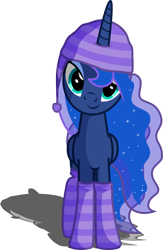 Size: 3220x4936 | Tagged: dead source, safe, artist:austiniousi, princess luna, alicorn, pony, clothes, cute, hat, head tilt, lidded eyes, looking at you, lunabetes, shadow, simple background, smiling, socks, solo, striped socks, transparent background