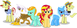 Size: 5226x1942 | Tagged: safe, artist:vector-brony, derpibooru import, flam, flim, gilda, lightning dust, sunset shimmer, trixie, griffon, pony, antagonist, flim flam brothers, simple background, transparent background, vector