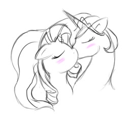 Size: 557x505 | Tagged: safe, artist:silver1kunai, princess celestia, rarity, alicorn, pony, unicorn, blushing, female, kissing, lesbian, rarilestia, shipping