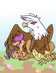 Size: 500x647 | Tagged: safe, artist:magicmaus, derpibooru import, gilda, scootaloo, griffon, crying, happy, hug, looking at each other, protecting, sad, winghug