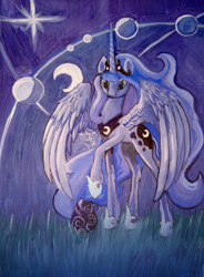 Size: 2398x3264 | Tagged: safe, artist:dalagar, princess luna, alicorn, pony, female, mare, painting, raised hoof, solo, traditional art