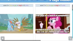 Size: 1136x640 | Tagged: safe, derpibooru import, gilda, pinkie pie, rainbow dash, earth pony, griffon, pegasus, pony, exploitable meme, juxtaposition, juxtaposition win, meme