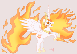 Size: 1200x838 | Tagged: safe, artist:phallen1, princess celestia, alicorn, pony, female, fire, horn, mare, solo