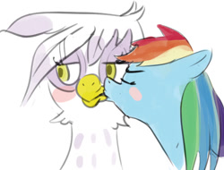 Size: 790x601 | Tagged: safe, artist:polyle, derpibooru import, gilda, rainbow dash, griffon, pegasus, pony, blushing, female, gildash, kissing, lesbian