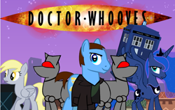 Size: 866x548 | Tagged: safe, artist:fedora, derpy hooves, doctor whooves, princess luna, alicorn, pegasus, pony, christopher eccleston, doctor who, fanfic, female, mare, ninth doctor, robots, tardis