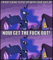 Size: 580x656 | Tagged: safe, princess luna, alicorn, pony, angry, image macro, op, twiface, vulgar, wrong neighborhood