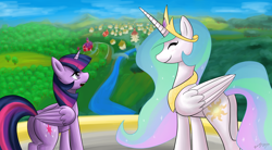 Size: 2000x1100 | Tagged: safe, artist:benjik, princess celestia, twilight sparkle, twilight sparkle (alicorn), alicorn, pony, female, mare, ponyville