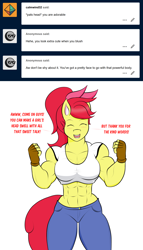 Size: 1280x2232 | Tagged: safe, artist:matchstickman, apple bloom, anthro, earth pony, abs, apple bloom's bow, apple bloomed, apple brawn, biceps, bow, breasts, clothes, deltoids, dialogue, eyes closed, female, fingerless gloves, gloves, hair bow, jeans, mare, matchstickman's apple brawn series, midriff, muscles, older, older apple bloom, pants, shirt, simple background, solo, talking to viewer, thunder thighs, tumblr comic, tumblr:where the apple blossoms, white background