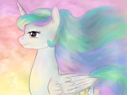 Size: 1024x768 | Tagged: safe, artist:vila1, princess celestia, alicorn, pony, bust, female, horn, mare, multicolored mane, solo, white coat