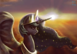 Size: 1000x696 | Tagged: safe, artist:mrs1989, princess celestia, alicorn, pony, backlighting, solo, sunrise