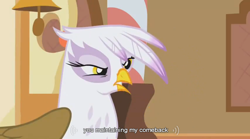 Size: 854x475 | Tagged: safe, derpibooru import, screencap, gilda, griffon, griffon the brush off, solo, youtube caption