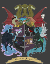 Size: 1024x1297 | Tagged: safe, artist:biscuitcrumbs, derpibooru import, ahuizotl, discord, gilda, king sombra, nightmare moon, queen chrysalis, trixie, alicorn, changeling, changeling queen, cockatrice, griffon, hydra, parasprite, pony, unicorn, antagonist, coat of arms, crest, ethereal mane, female, gray background, heraldry, hoof shoes, male, mare, multiple heads, rampant, simple background, spread wings, stallion, starry mane, supporters, three heads, wings