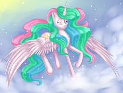 Size: 900x679 | Tagged: dead source, safe, artist:misukitty, princess celestia, alicorn, pony, cloud, cloudy, eyes closed, flying, solo