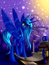 Size: 1200x1600 | Tagged: safe, artist:asimos, princess luna, alicorn, pony, book, inkwell, missing accessory, mug, orrery, quill, solo, star chart, starry night