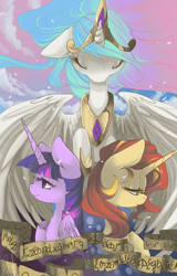 Size: 580x905 | Tagged: dead source, safe, artist:loyaldis, princess celestia, sunset shimmer, twilight sparkle, twilight sparkle (alicorn), alicorn, pony, unicorn, fanfic:sunset of time, fanfic, fanfic art, fanfic cover, trio